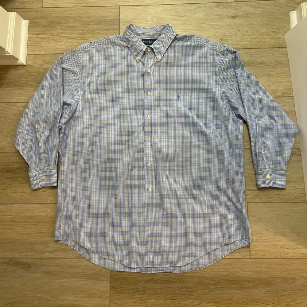 Ralph Lauren Yarmouth Men's Light Blue,Yellow white check long sleeve shirt 17.5